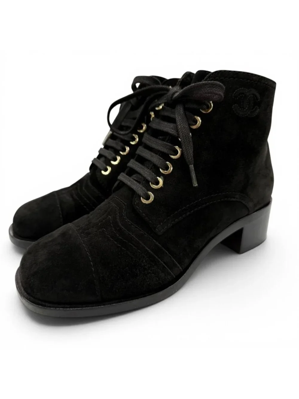 Chanel CC Logo Embroidery Shearling Boots Ankle Black